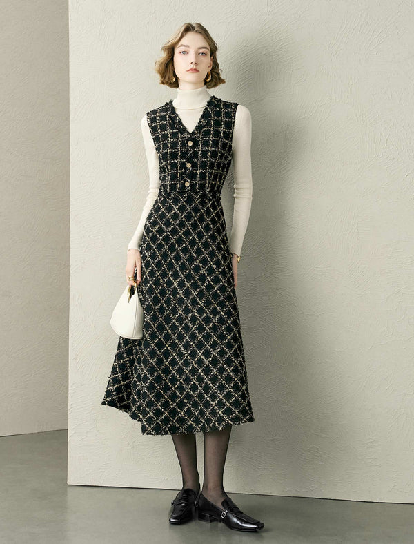 Tweed Check A-Line Sleeveless Midi Dress