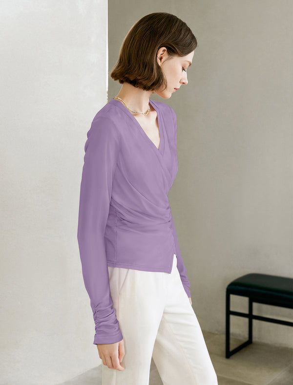 V-Neck Ruched Waist Long Sleeve Top