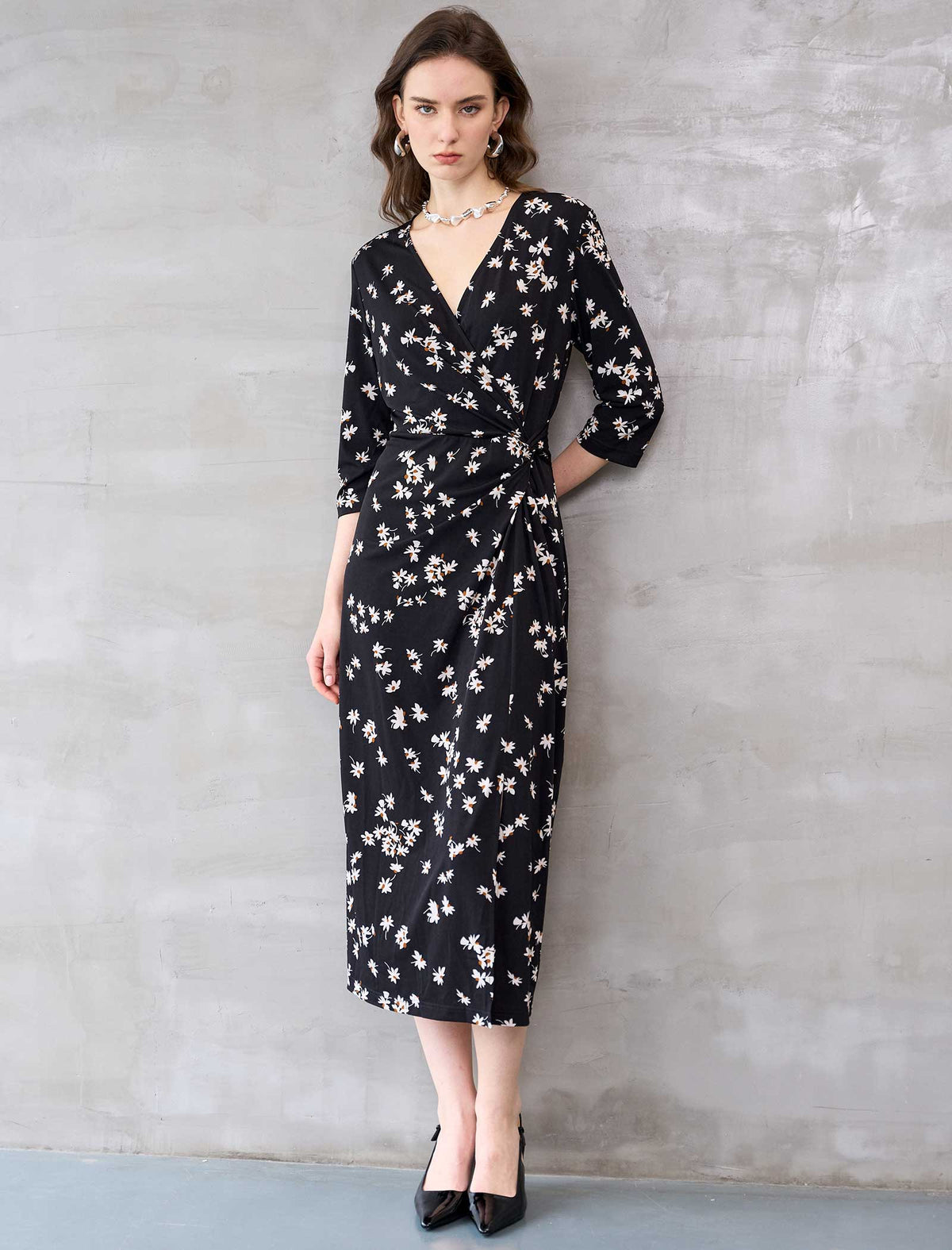 Floral Print Wrap Side Slit Midi Dress