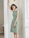 Sage Green Belted Sleeveless Midi Sheath Dress