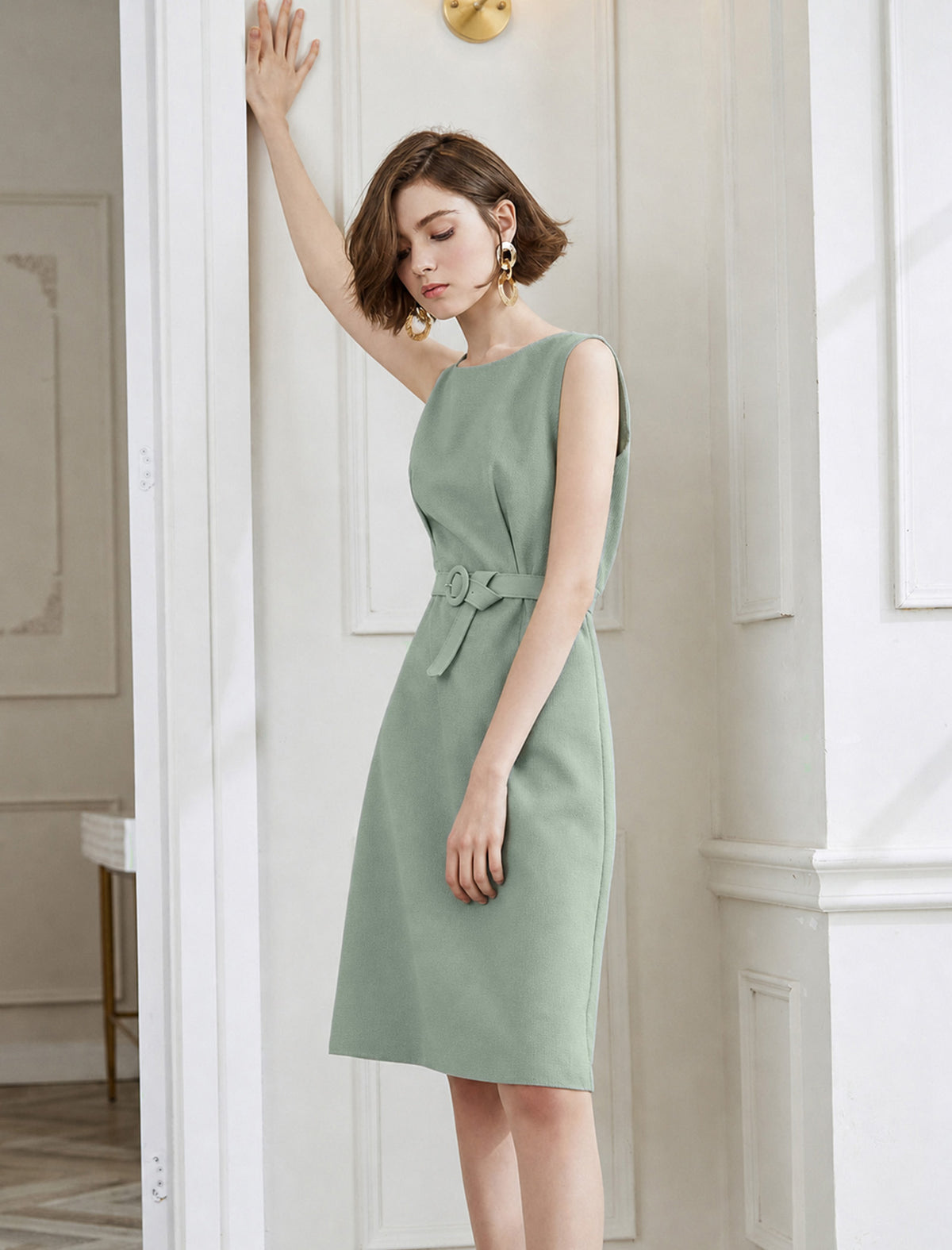 Sage Green Belted Sleeveless Midi Sheath Dress