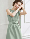 Sage Green Belted Sleeveless Midi Sheath Dress