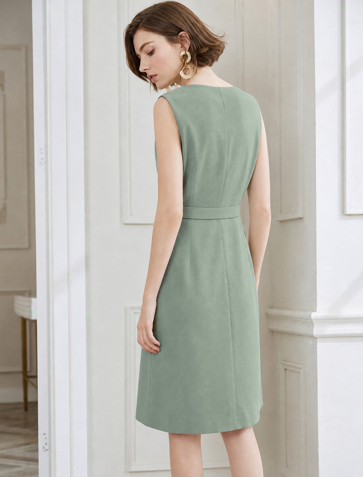 Sage Green Belted Sleeveless Midi Sheath Dress