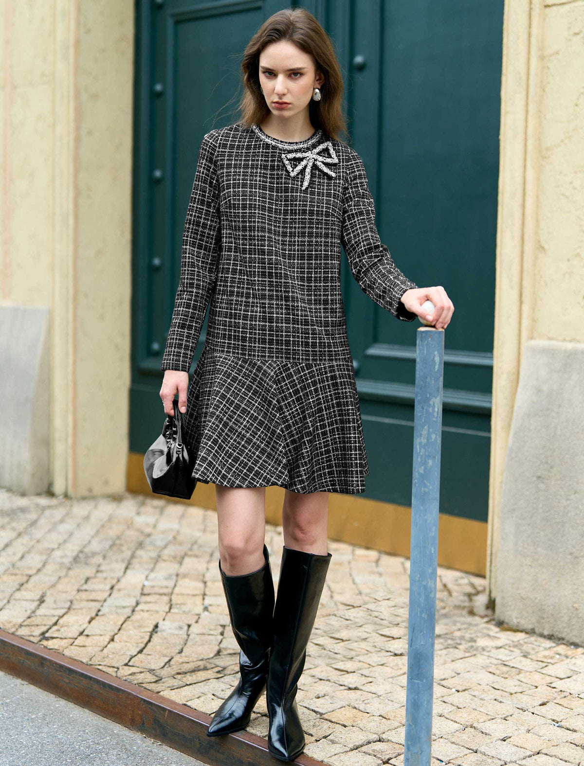 Tweed Plaid Bow Detail Dress