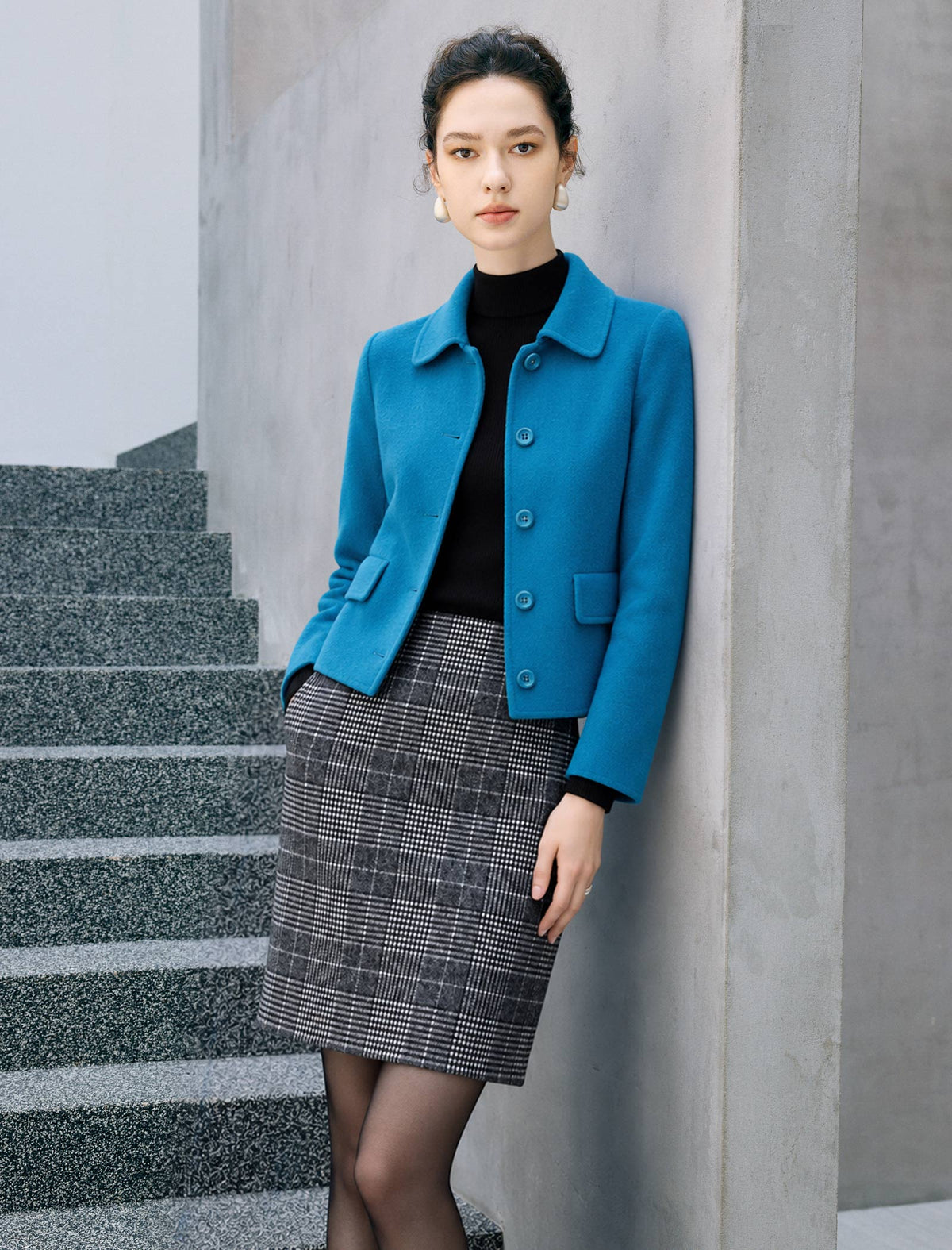 Wool Blend Long Sleeve Fitted Straight-Fit Jacket