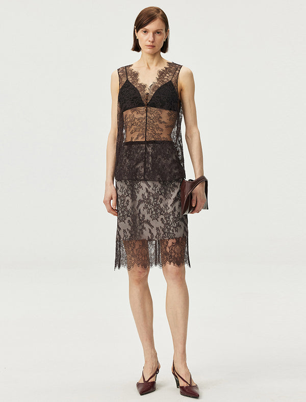 Sheer Lace Midi Skirt
