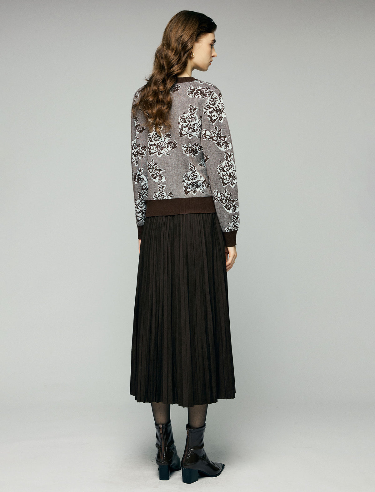 Wool Blend Floral Jacquard Crewneck Button-Front Cardigan