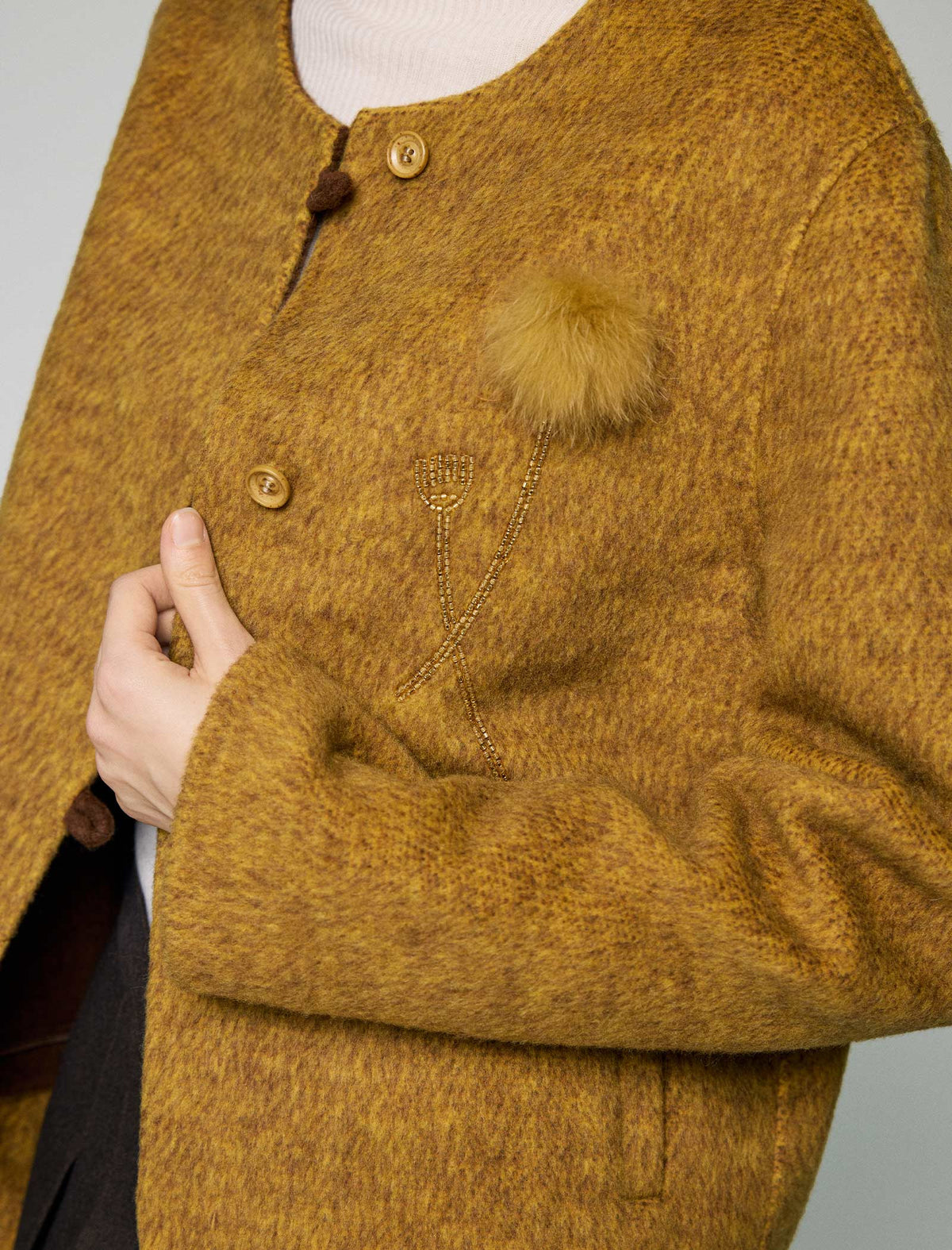 Wool Blend Metallic-Stripe Crewneck Button-Front Cropped Jacket
