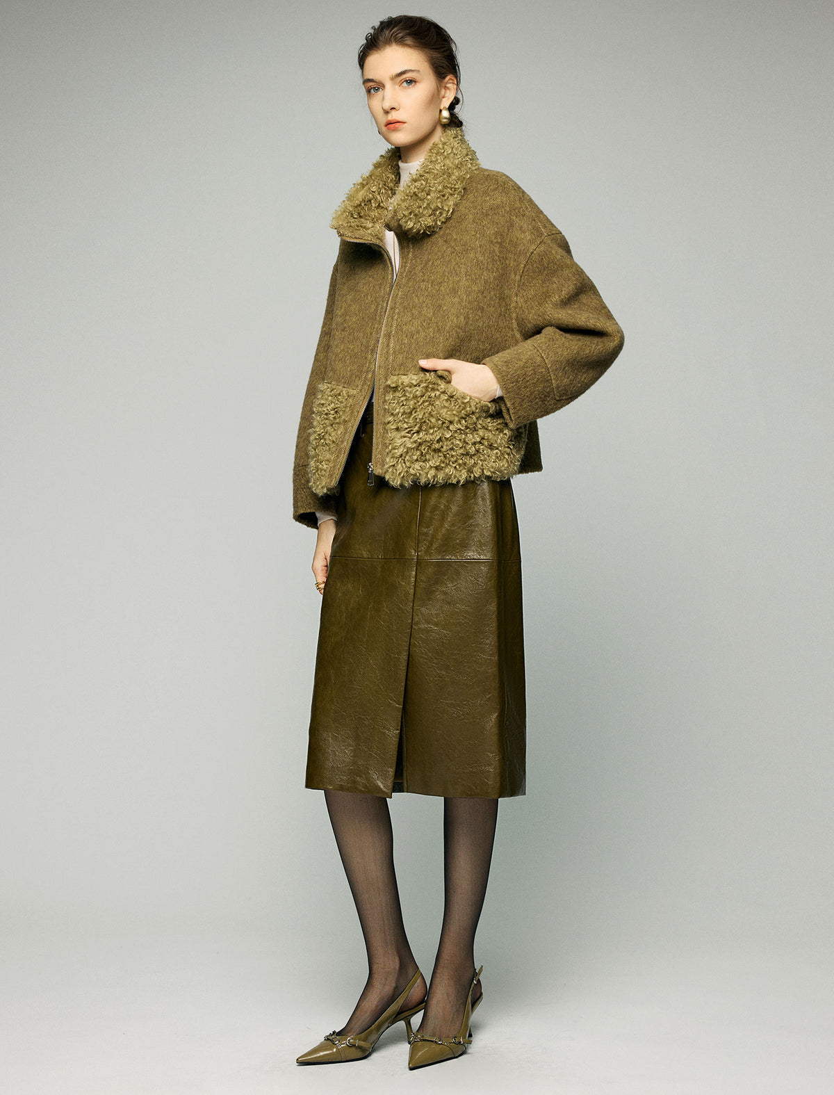 Wool Blend Contrast-Panel Stand-Collar Zip-Front Cropped Jacket