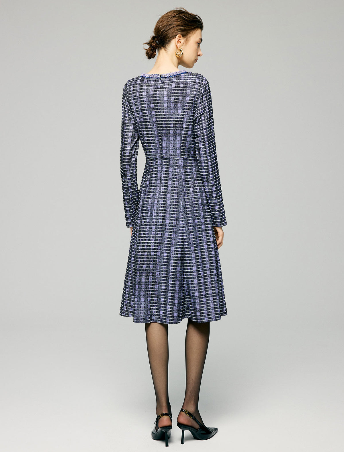 Beaded Crewneck Purple Check Fit Flare Dress