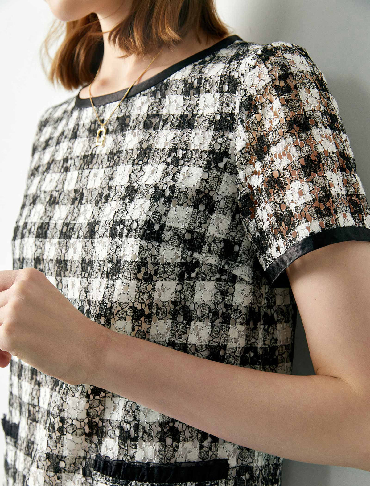 Plaid Lace Straight Short Sleeve Dress