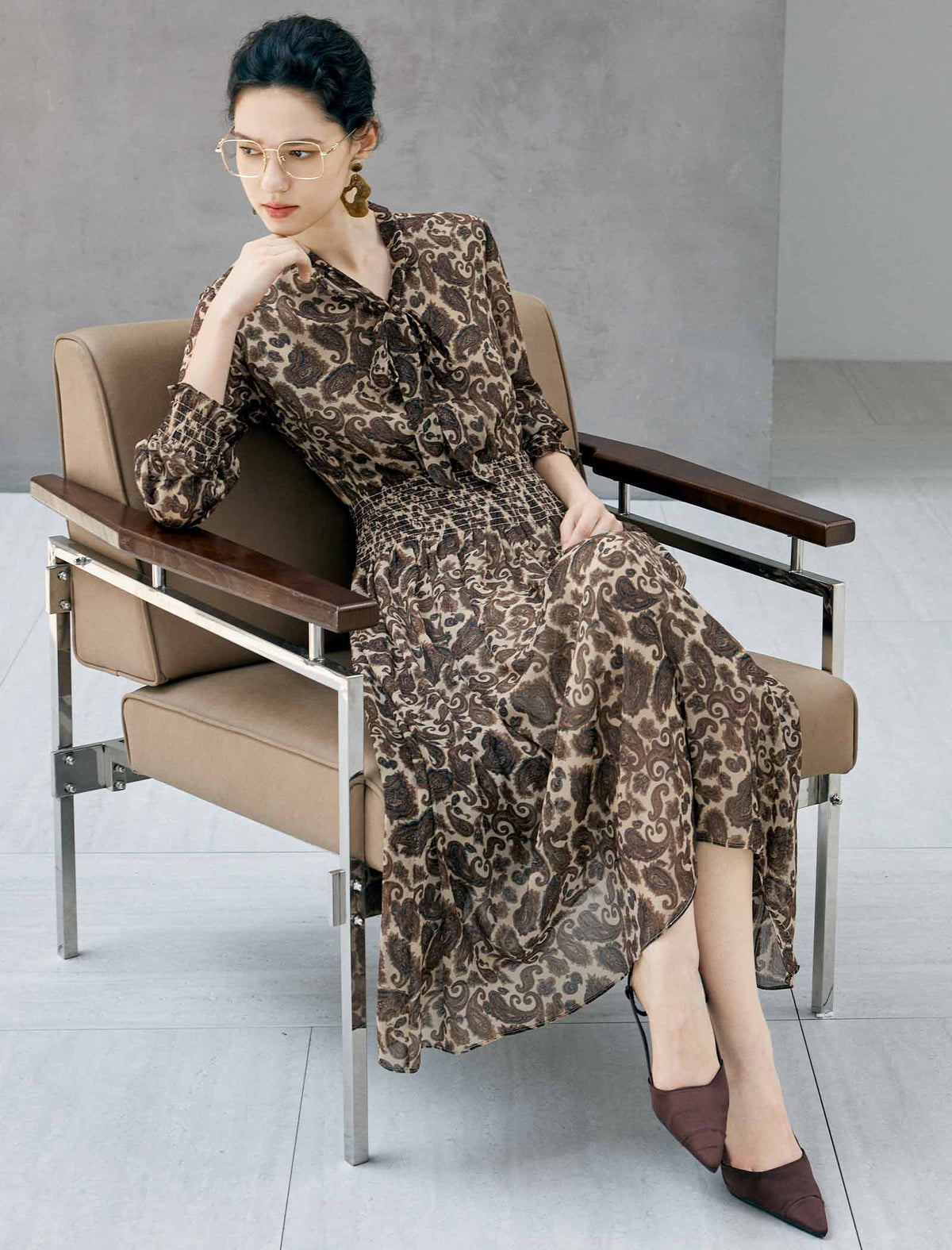 Paisley Print Tie Neck Smocked Waist Midi Dress