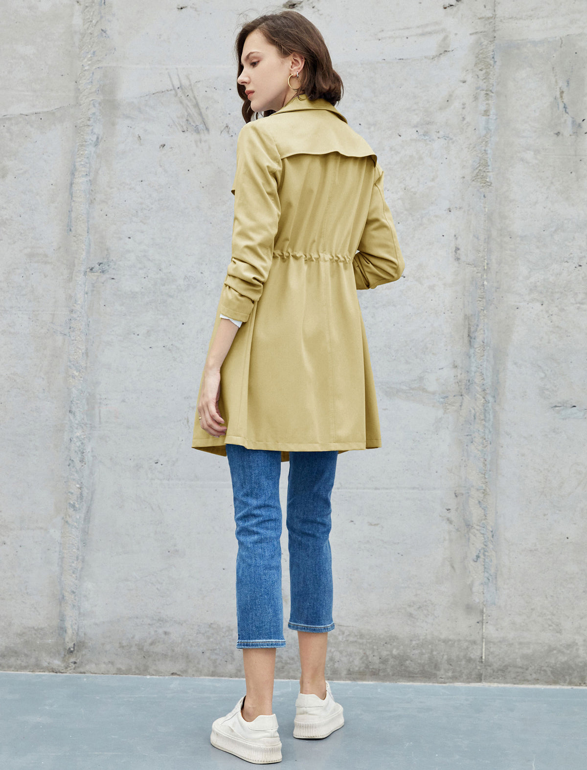 Drawstring Waist Double-Breasted Long Sleeve Trench Coat