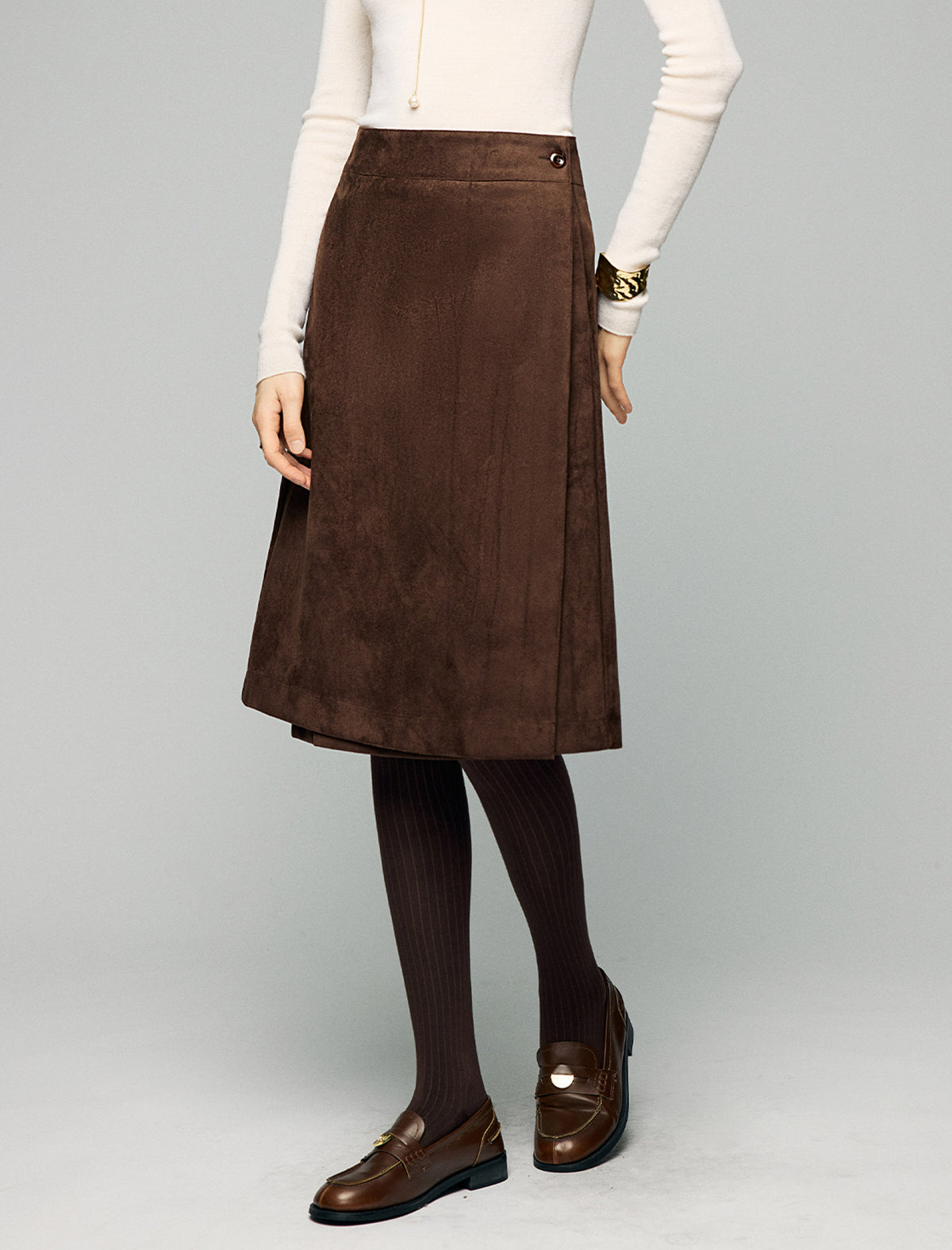 Wrap-Front Button High-Waist A-Line Midi Skirt