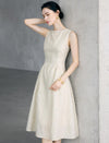 Textured Floral Sleeveless Beaded-Neckline A-Line Midi Dress