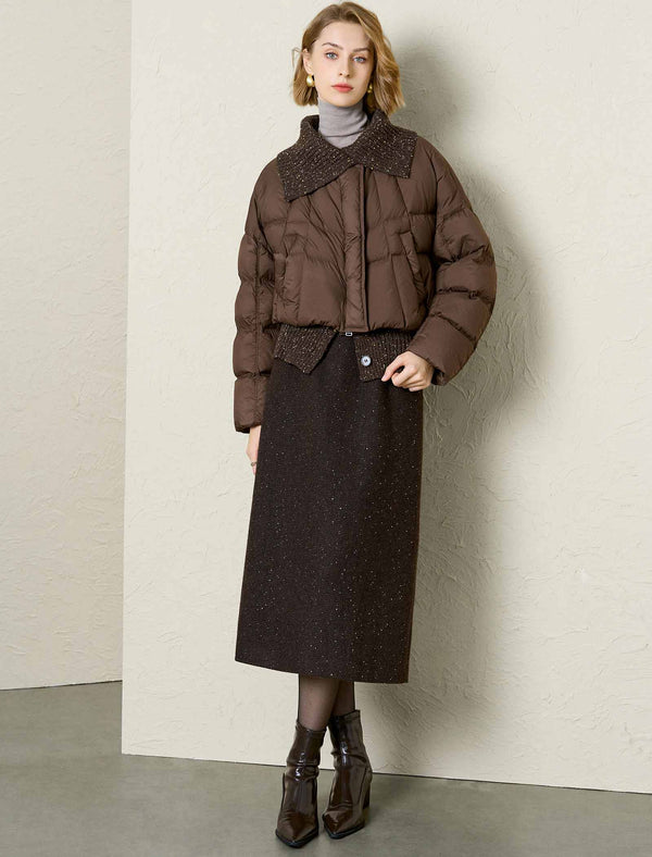 Knit-Collar Cropped Down Jacket