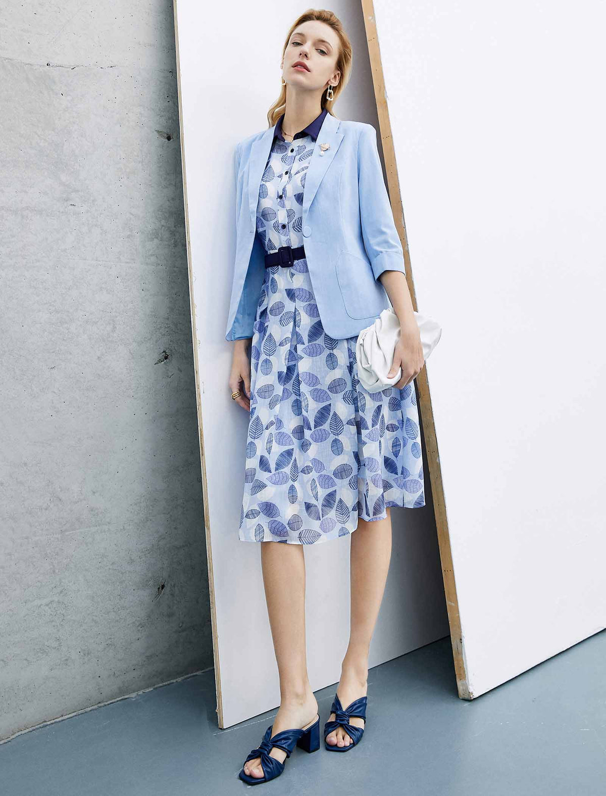 Leaf Print Contrast Trim Shirt Dress