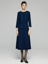 Sculpted Navy Texture Fringe Trim Midi Dress