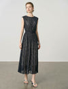 Wave Lace Boat Neck Belted Pleated Midi Dress
