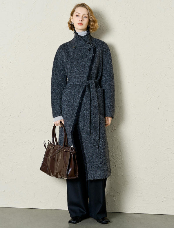 Textured Wool-Alpaca Blend Fringe Detail Wrap Coat