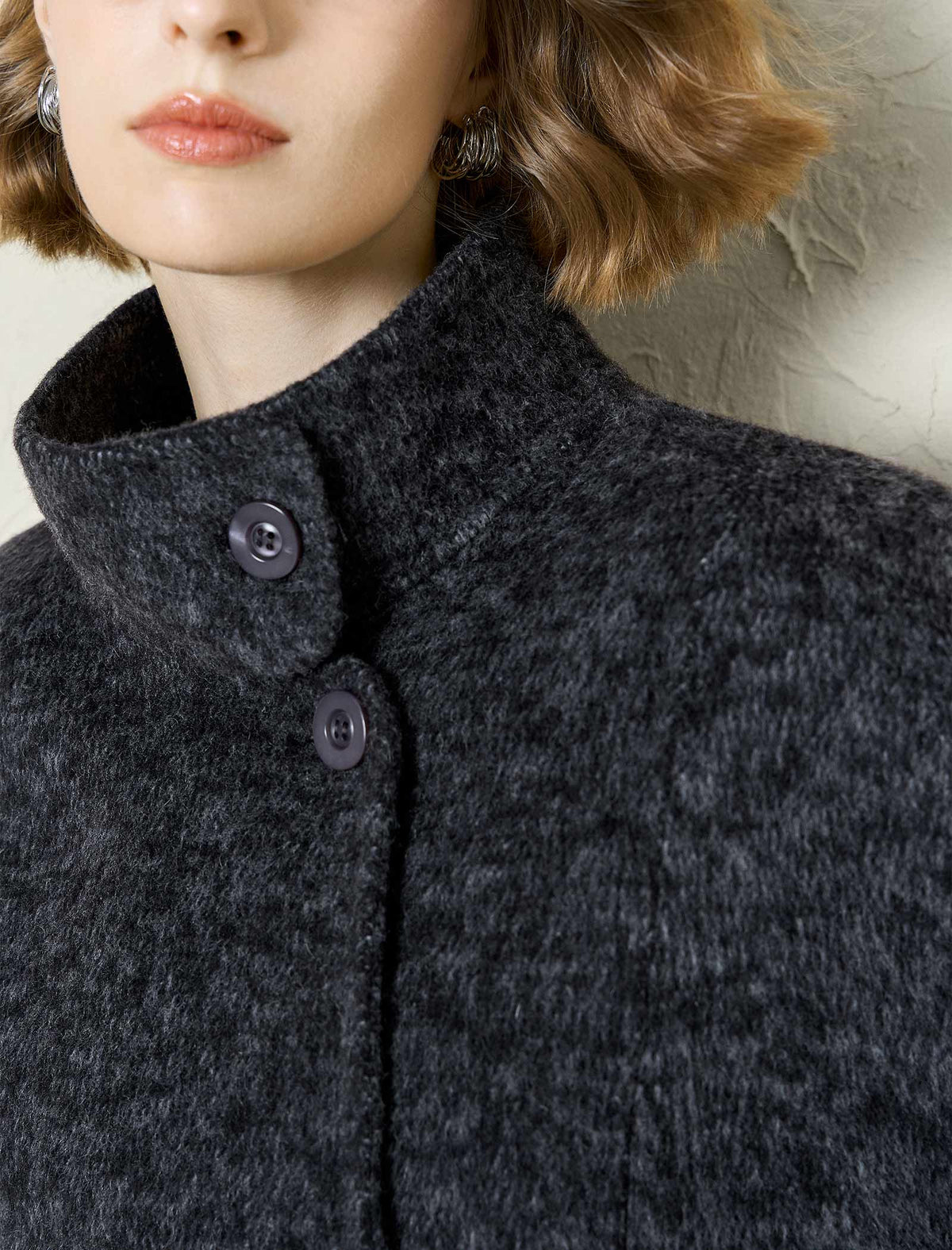 Wool-Alpaca Blend Stand Collar Textured Coat