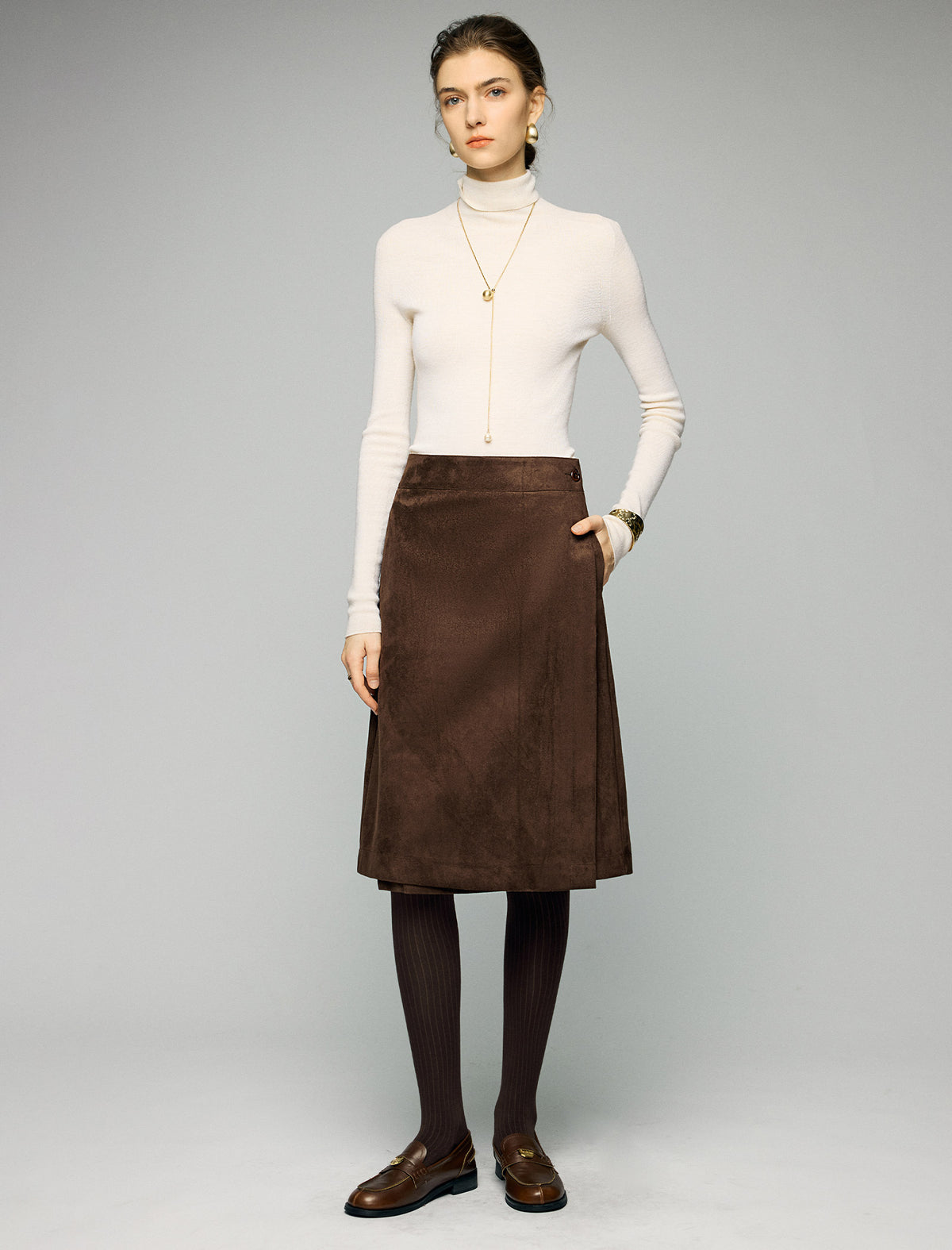 Wrap-Front Button High-Waist A-Line Midi Skirt