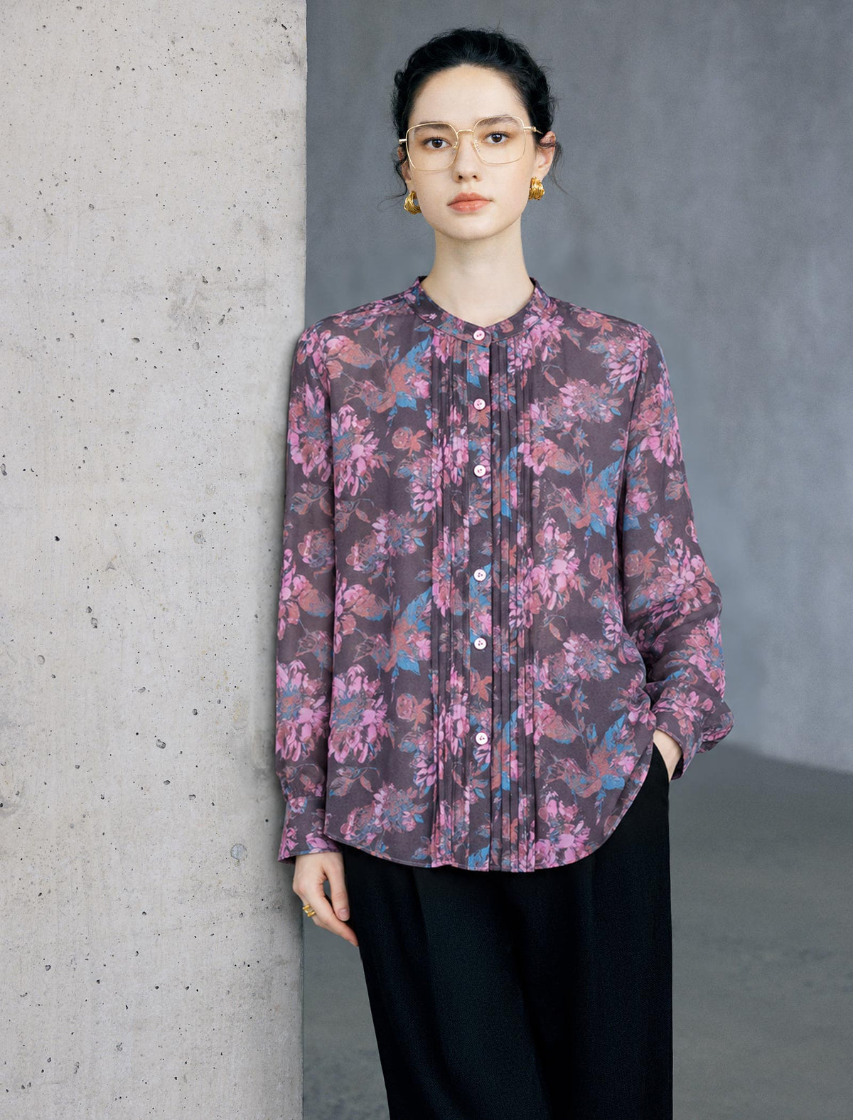 Printed Stand Collar Pleated Chiffon Blouse