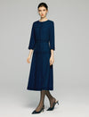 Sculpted Navy Texture Fringe Trim Midi Dress