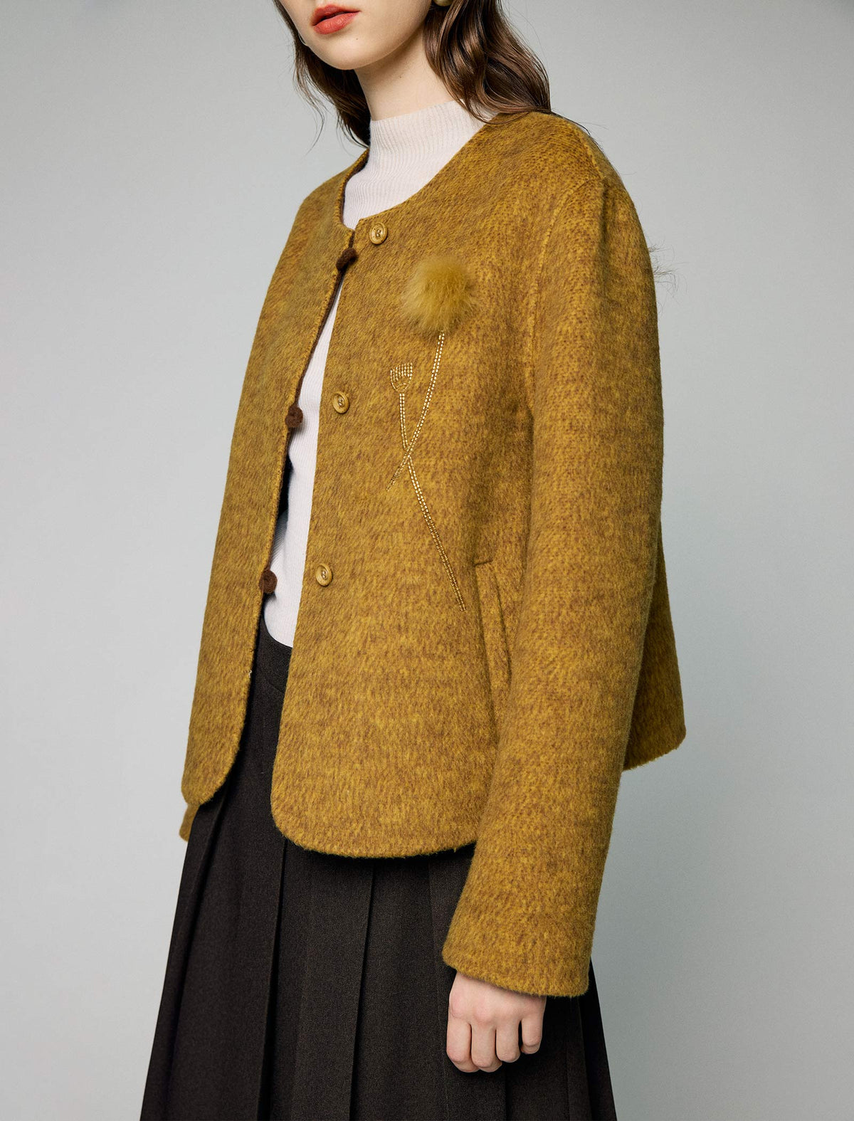 Wool Blend Metallic-Stripe Crewneck Button-Front Cropped Jacket
