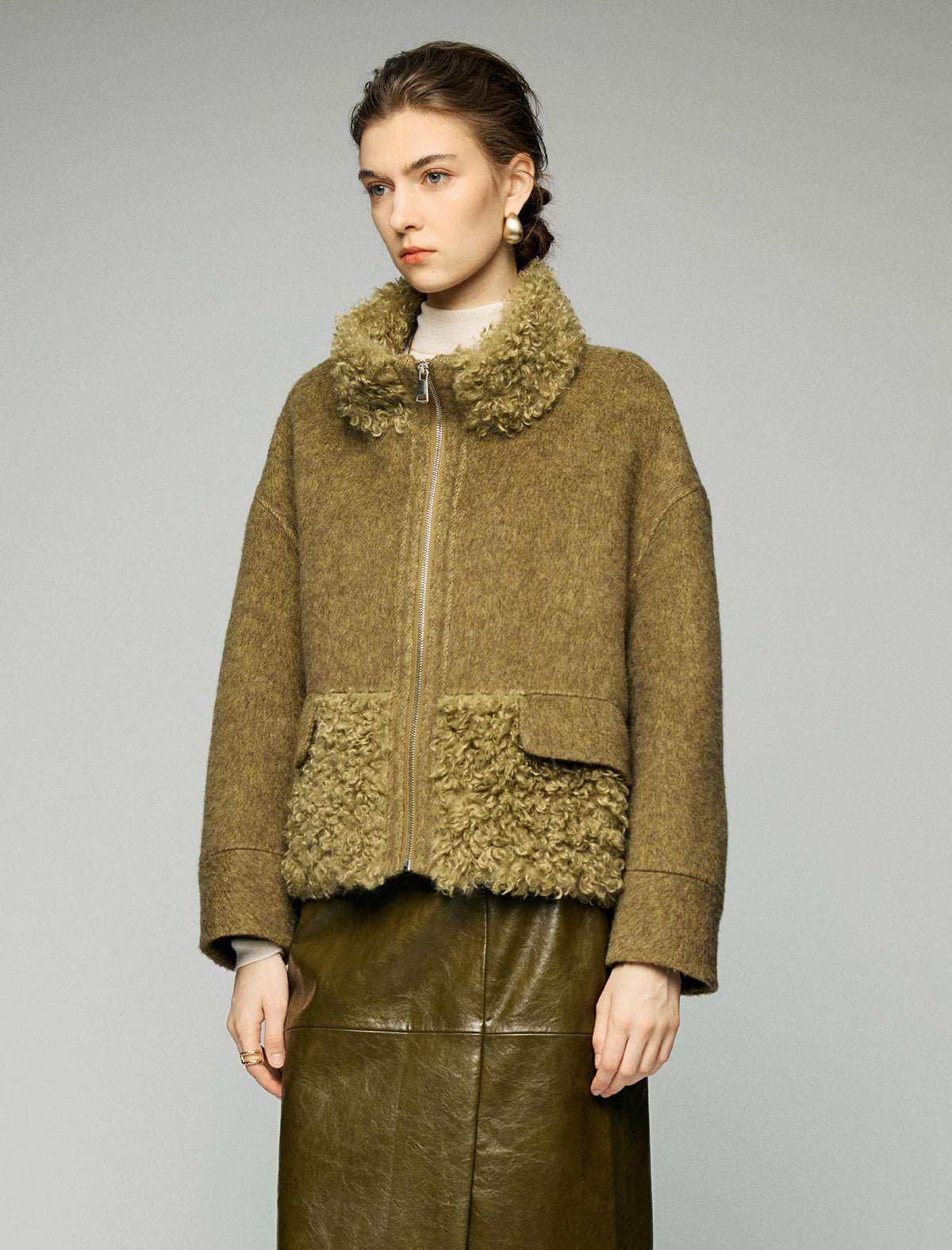 Wool Blend Contrast-Panel Stand-Collar Zip-Front Cropped Jacket