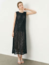 Wave Lace Boat Neck Belted Pleated Midi Dress