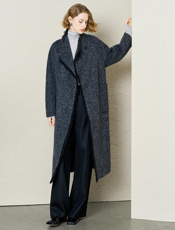 Textured Wool-Alpaca Blend Fringe Detail Wrap Coat