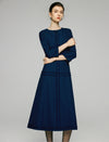Sculpted Navy Texture Fringe Trim Midi Dress