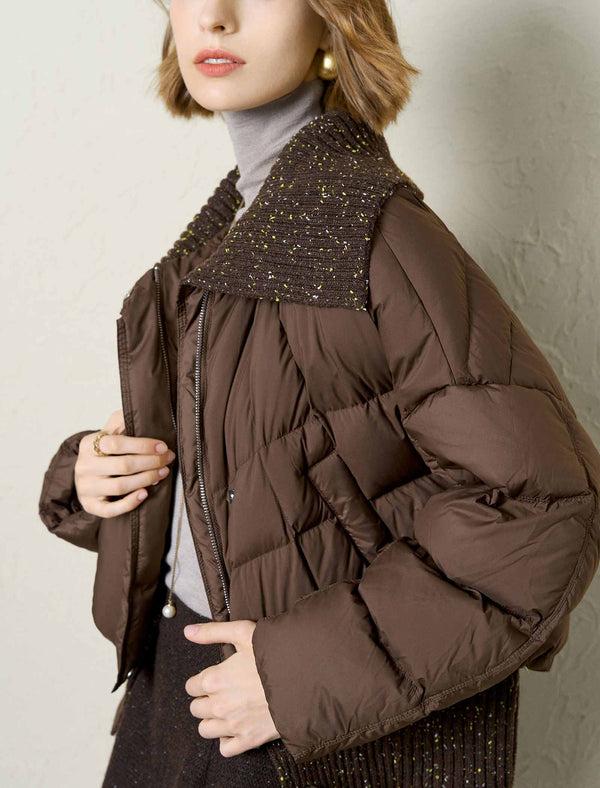 Knit-Collar Cropped Down Jacket