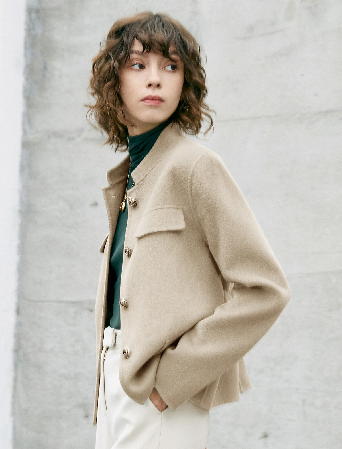 Wool Blend Button-Front Cropped Jacket