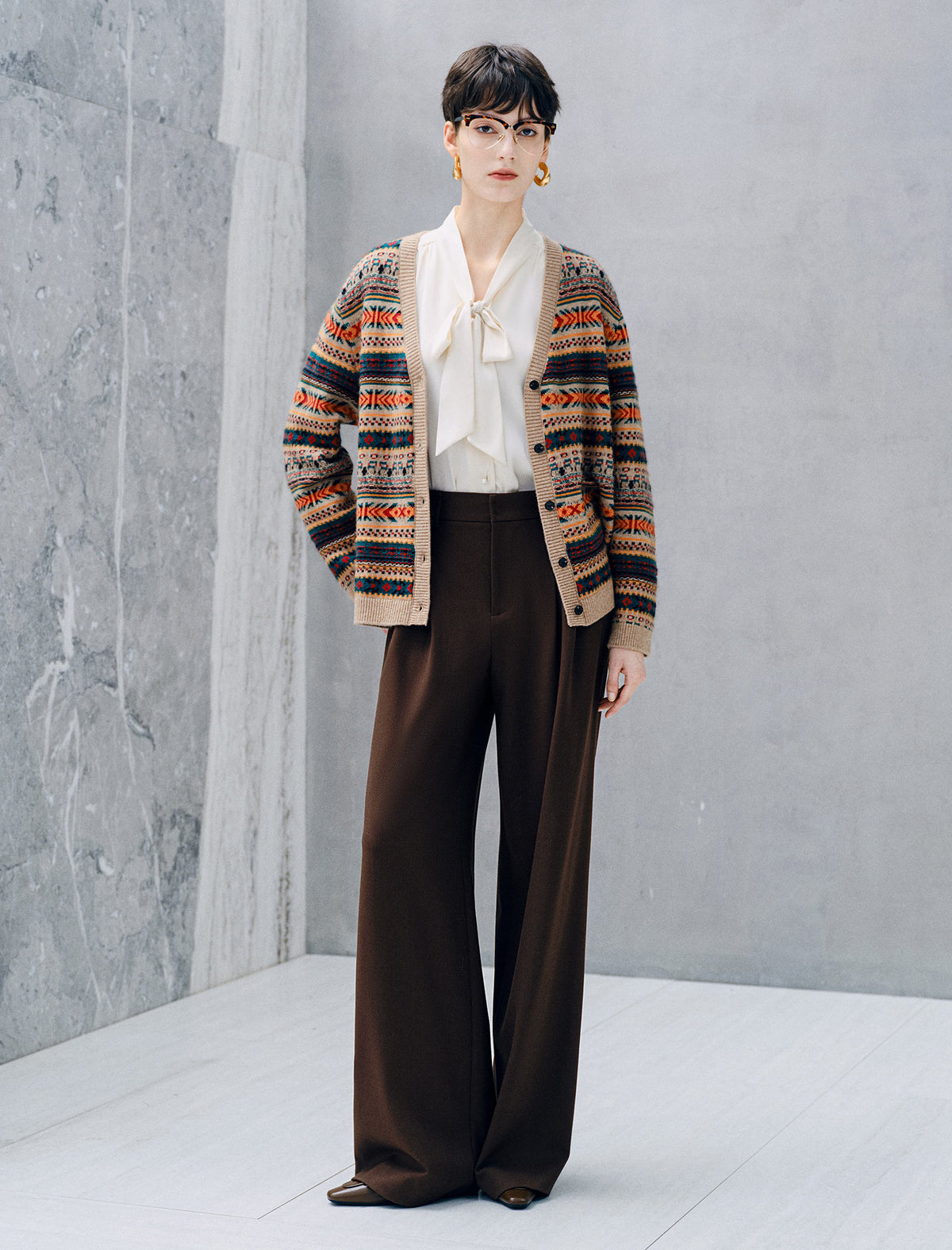 Wool Blend Fair Isle Patterned V Neck Knit Cardigan