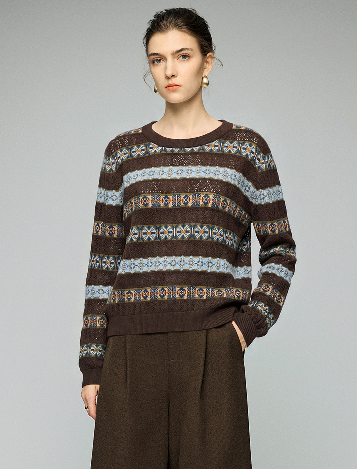 Wool Blend Geometric Stripe Crewneck Sweater