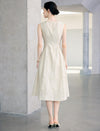 Textured Floral Sleeveless Beaded-Neckline A-Line Midi Dress