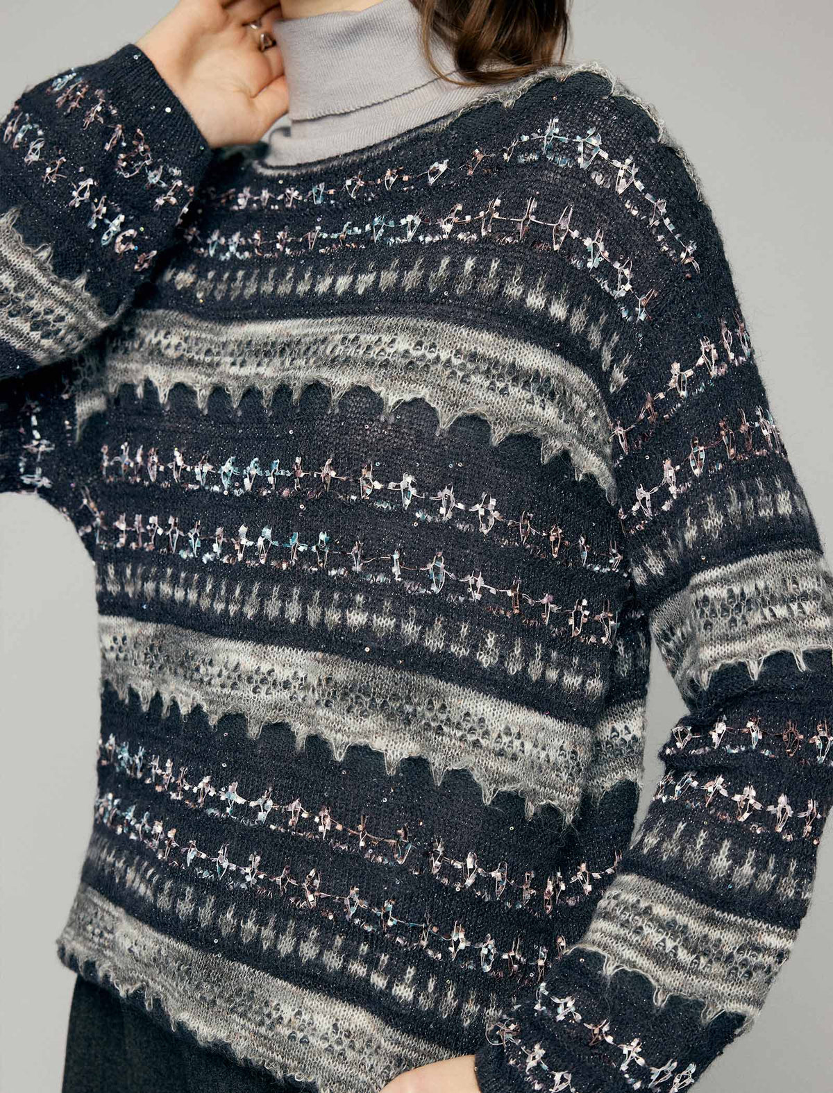Wool Blend Shimmer Openwork Wave-Trim Crewneck Sweater