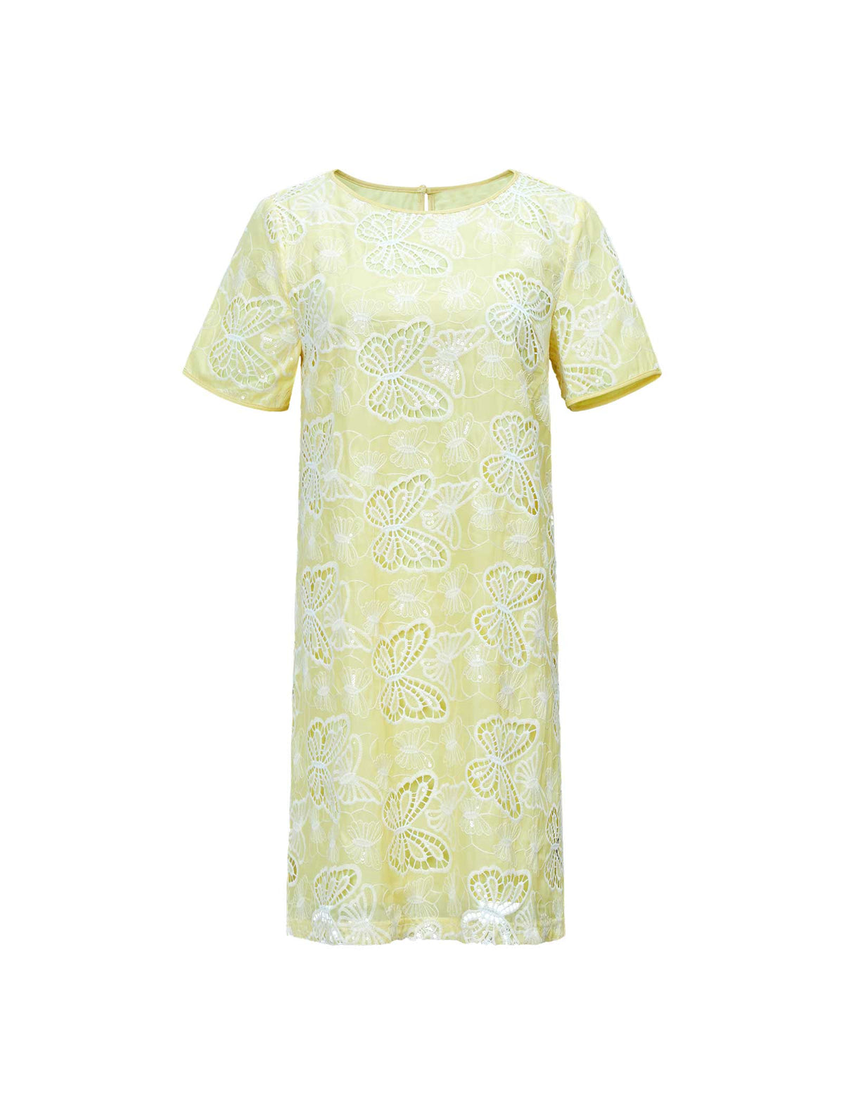 Yellow Butterfly Eyelet Embroidery Short Sleeve Shift Mini Dress