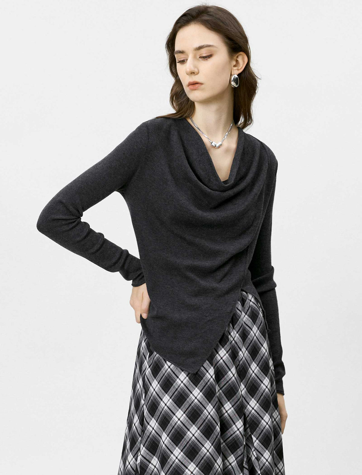 Cowl Neck Asymmetrical Knit Top