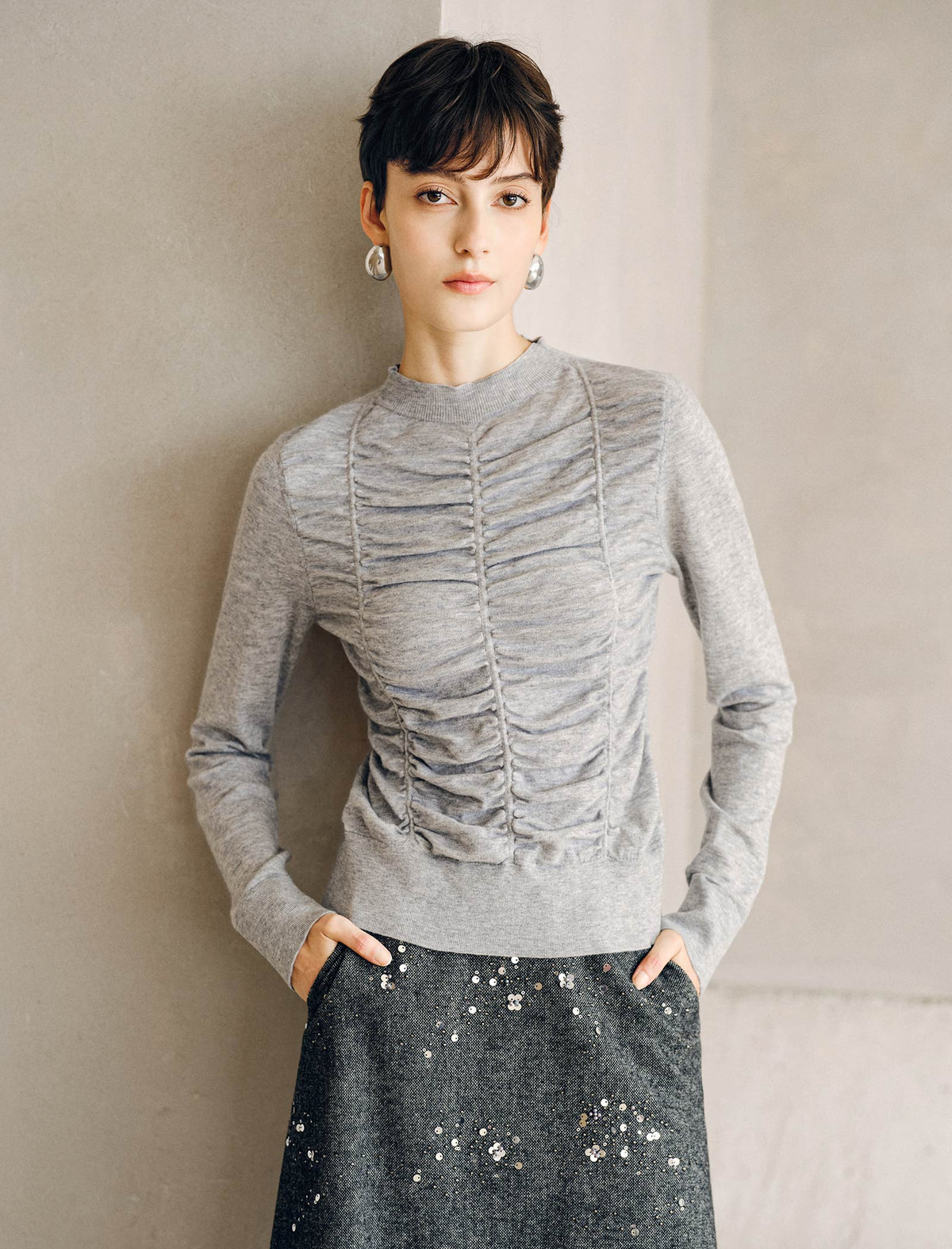 Wool Blend Ruched Front Mock Neck Long Sleeve Knit Top