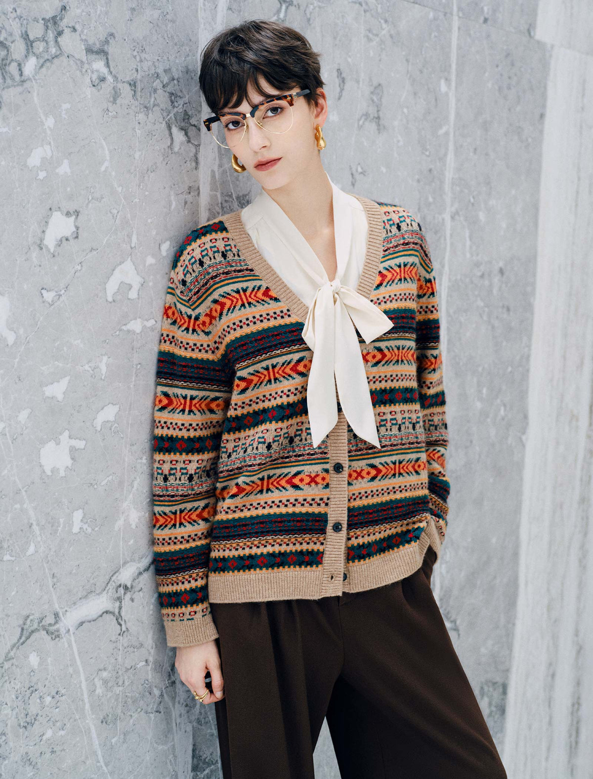 Wool Blend Fair Isle Patterned V Neck Knit Cardigan
