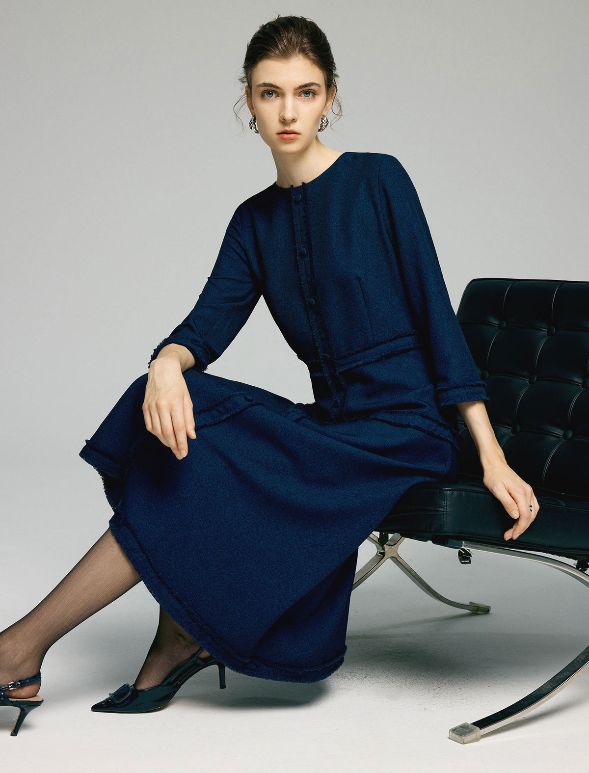 Sculpted Navy Texture Fringe Trim Midi Dress