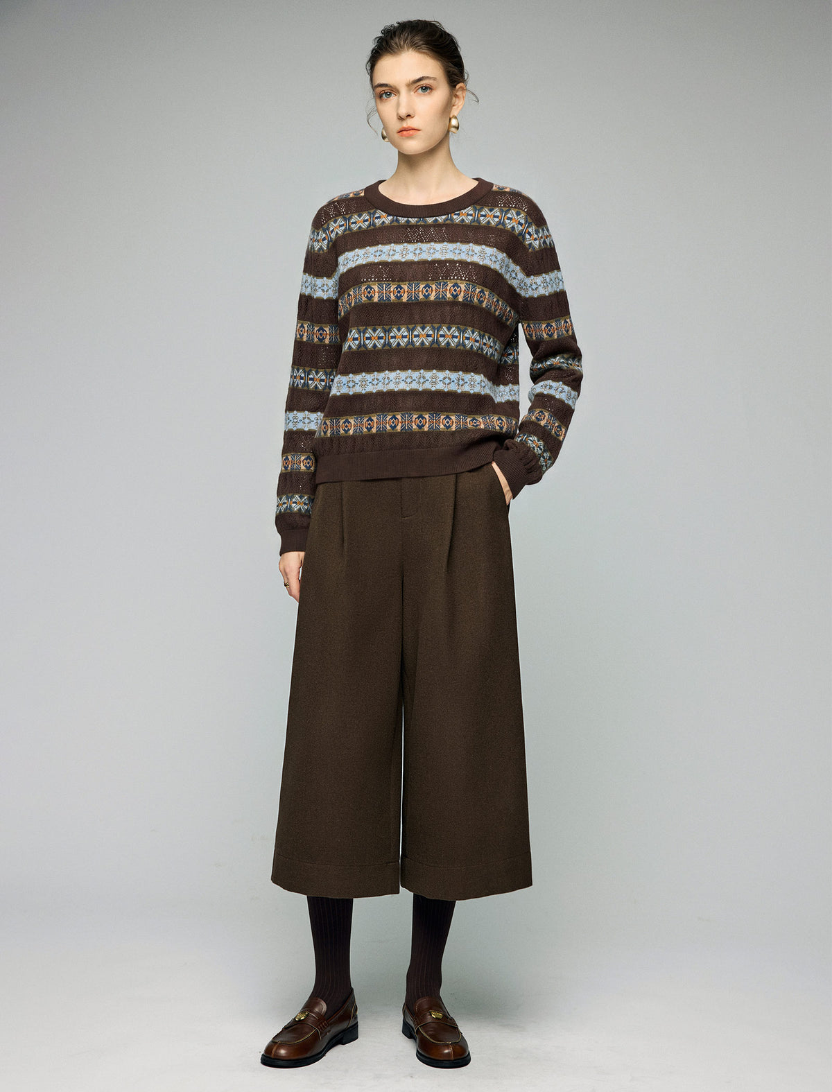 Wool Blend Geometric Stripe Crewneck Sweater