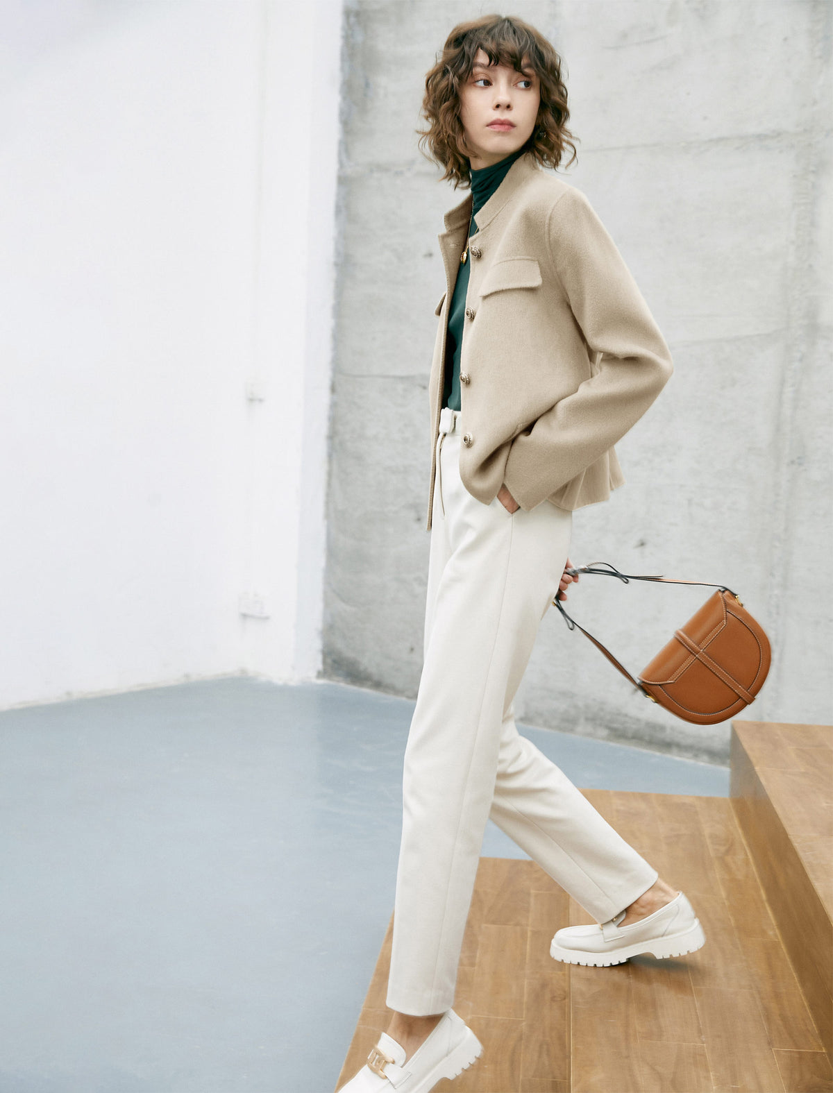 Wool Blend Button-Front Cropped Jacket