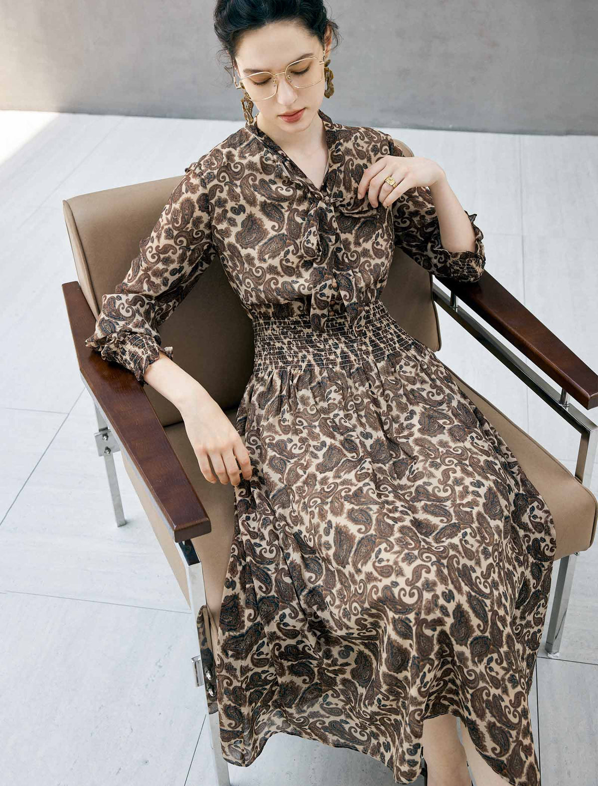 Paisley Print Tie Neck Smocked Waist Midi Dress