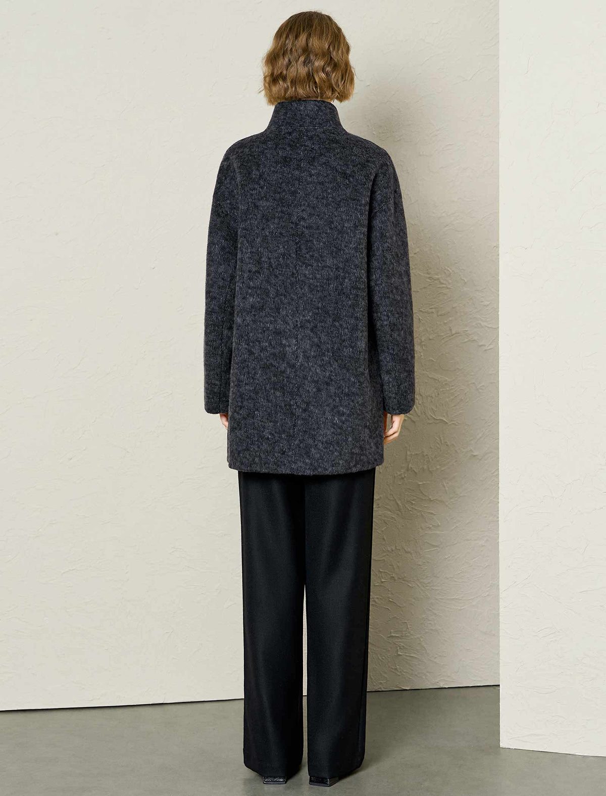 Wool-Alpaca Blend Stand Collar Textured Coat