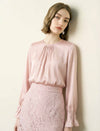 Round‑Neck Pleated Satin‑Finish Blouse