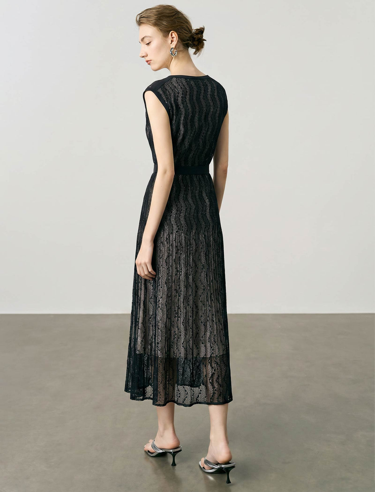 Wave Lace Boat Neck Belted Pleated Midi Dress